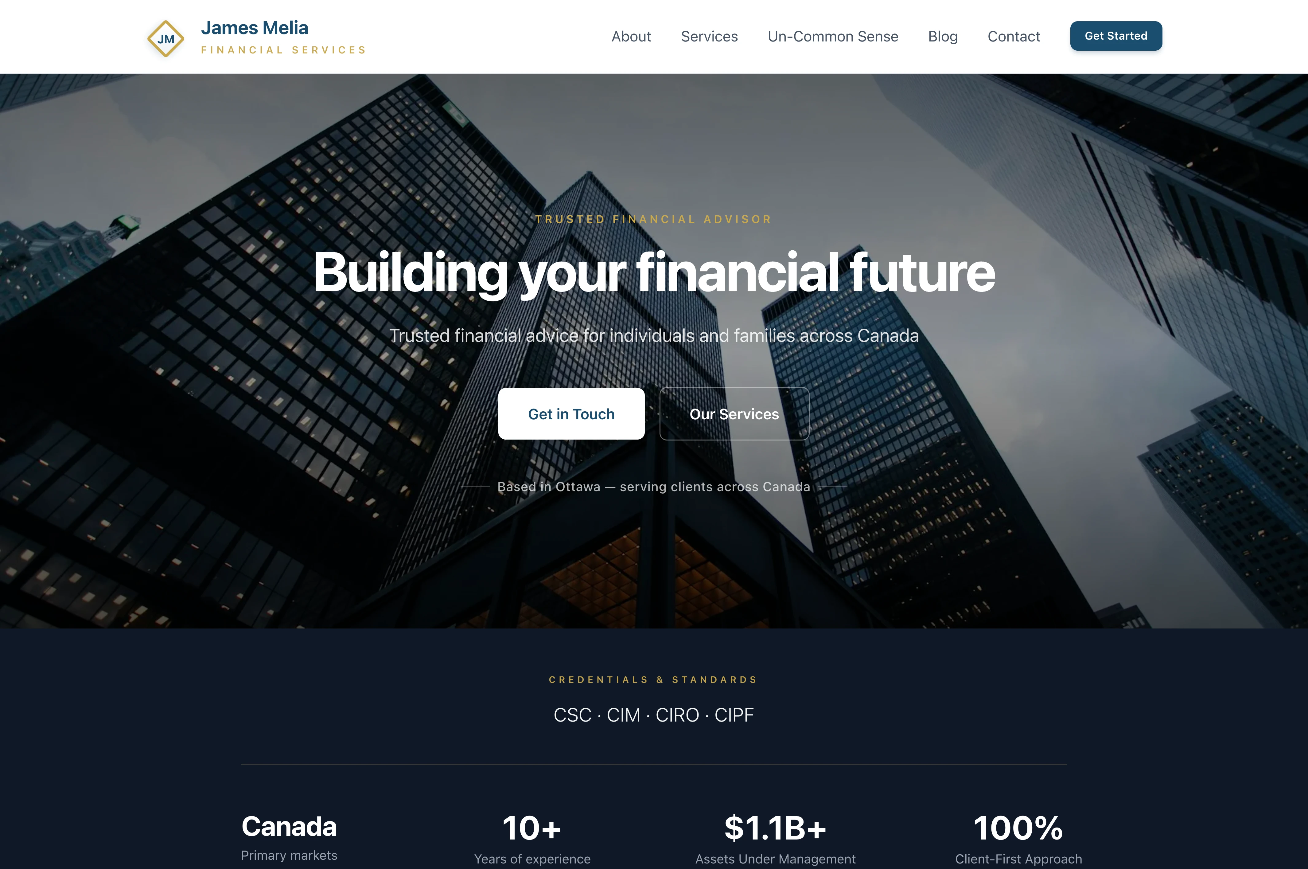James Melia Financial Services website — hero section showing Ottawa skyline